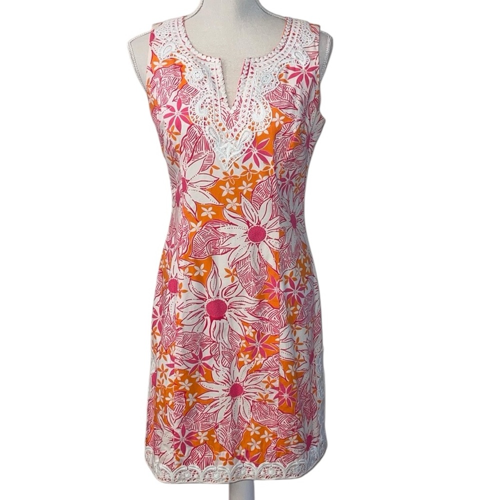Lilly Pulitzer Pink and Orange Floral Spring White Lace Trim Shift‎ Dress Size 4